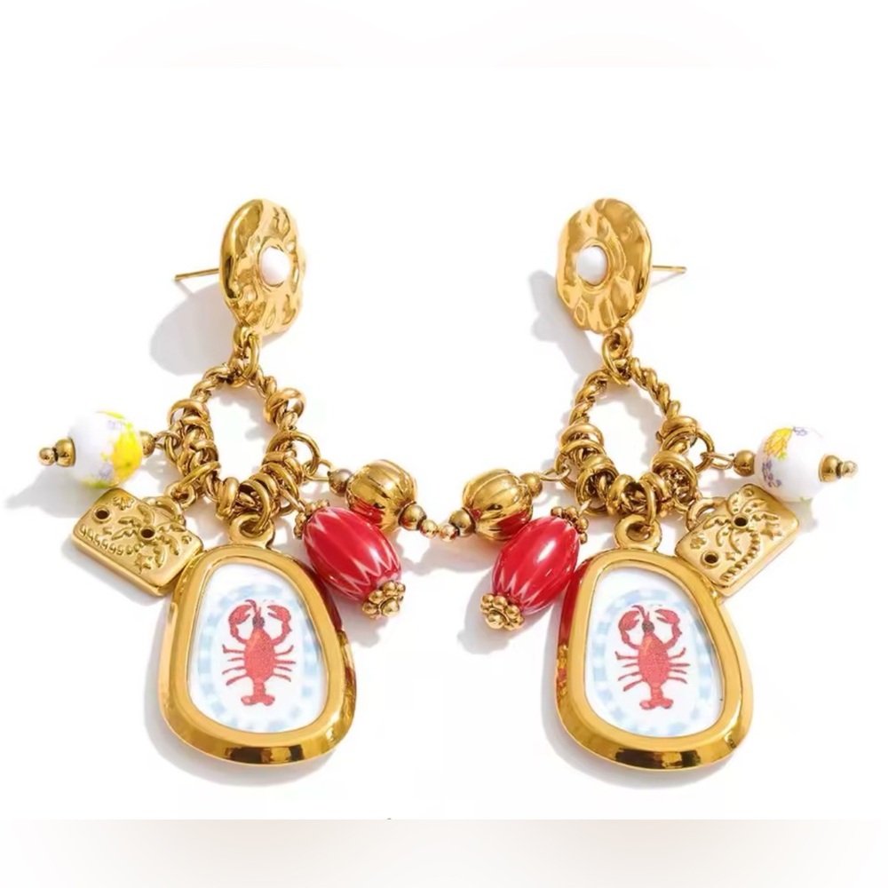 Sara Sotti Stainless Steel Gold and Red Lobster Charm Earrings